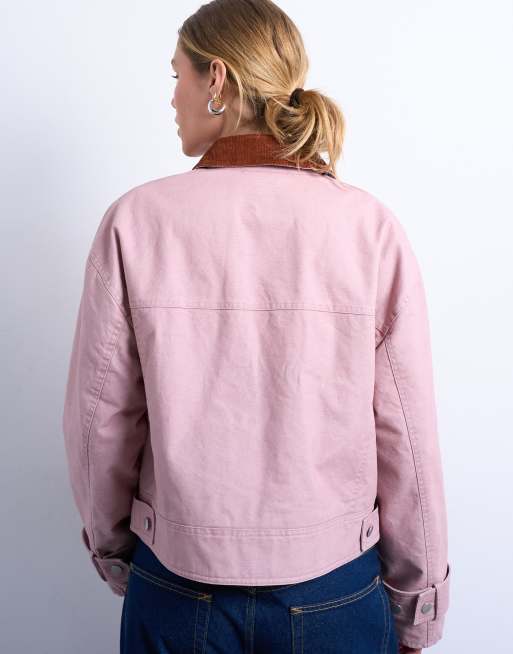 Topshop patch pocket barn jacket with contrast collar in pink, 4 of 4