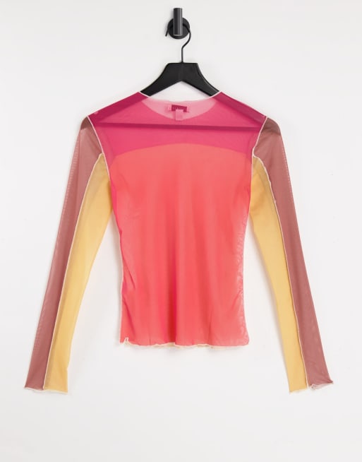 Topshop patched mesh long sleeve top in multi, 2 of 4