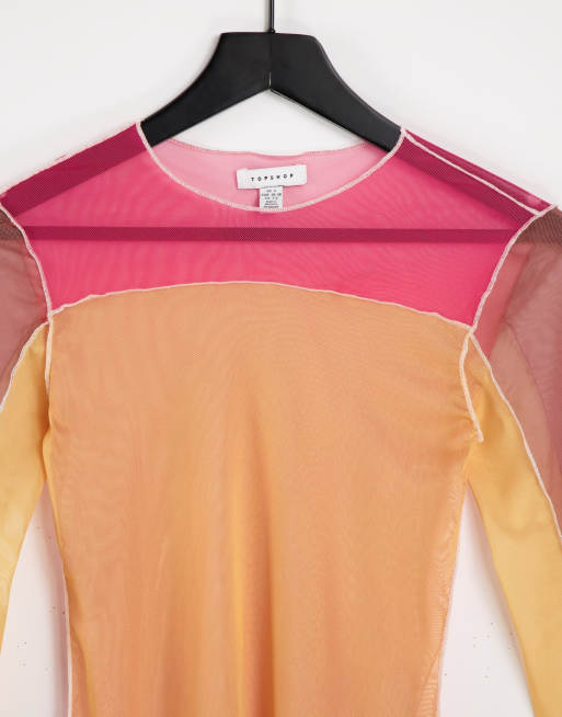 Topshop patched mesh long sleeve top in multi, 4 of 4