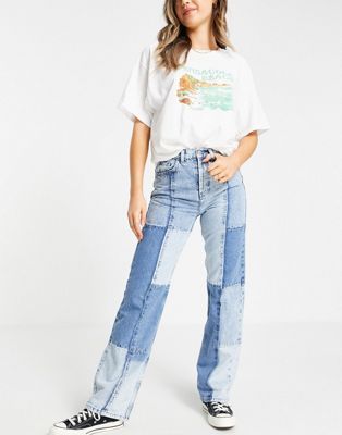 Topshop patchwork 90's Straight leg jeans in bleach  - ASOS Price Checker