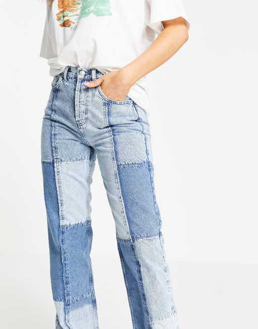 Topshop patchwork 90 s straight leg jeans in bleach