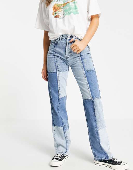 Patchwork Denim Straight Leg Jeans