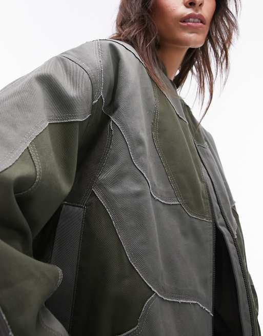 Topshop patchwork bomber jacket in green, 3 of 4