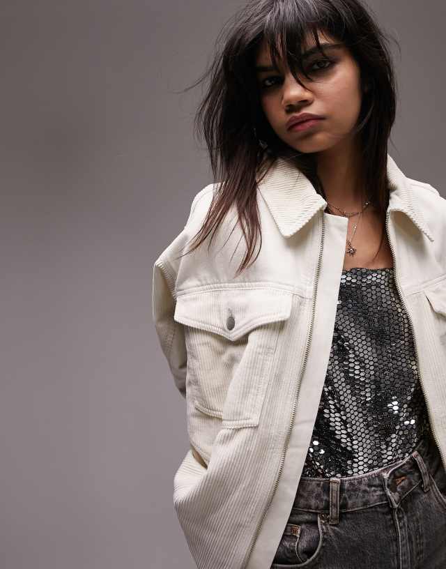 Topshop patchwork cord zip up jacket in ecru 1