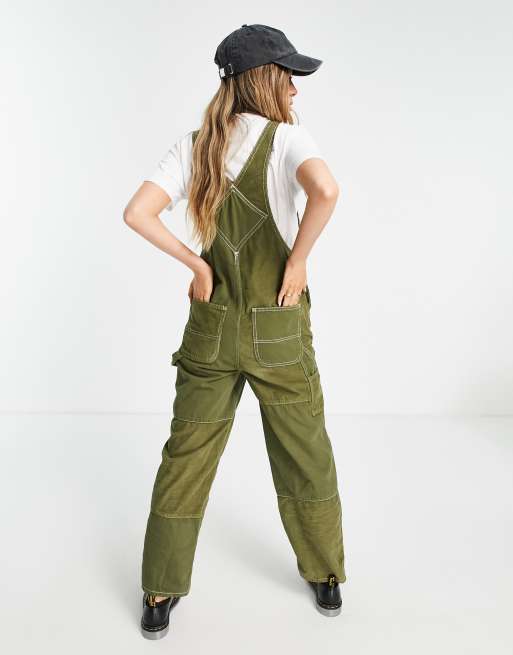 Topshop patchwork denim dungaree in khaki cord