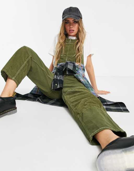 Topshop patchwork denim overalls in khaki cord