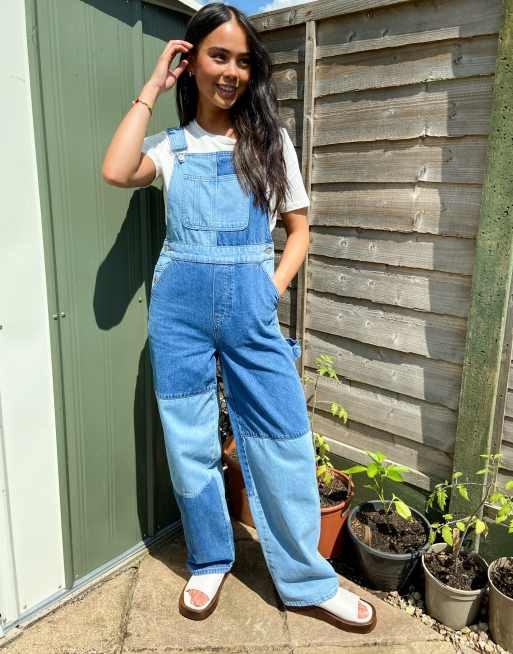 Topshop patchwork denim overalls in mid blue