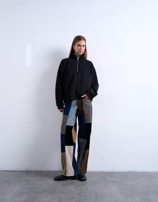 Topshop - Patchwork-Hose aus Wildlederimitat in Blau mit verstellbarer Taille