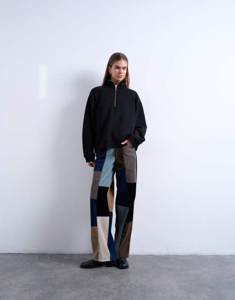 Topshop – Patchwork-Hose aus Wildlederimitat in Blau mit verstellbarer Taille - view 1