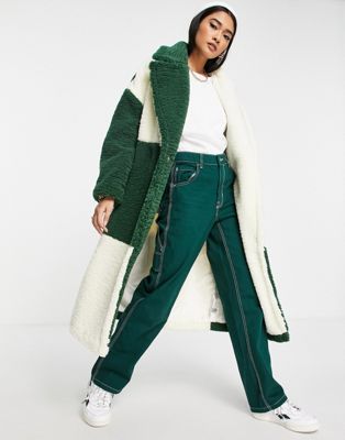 Topshop patchwork long borg coat in green & cream