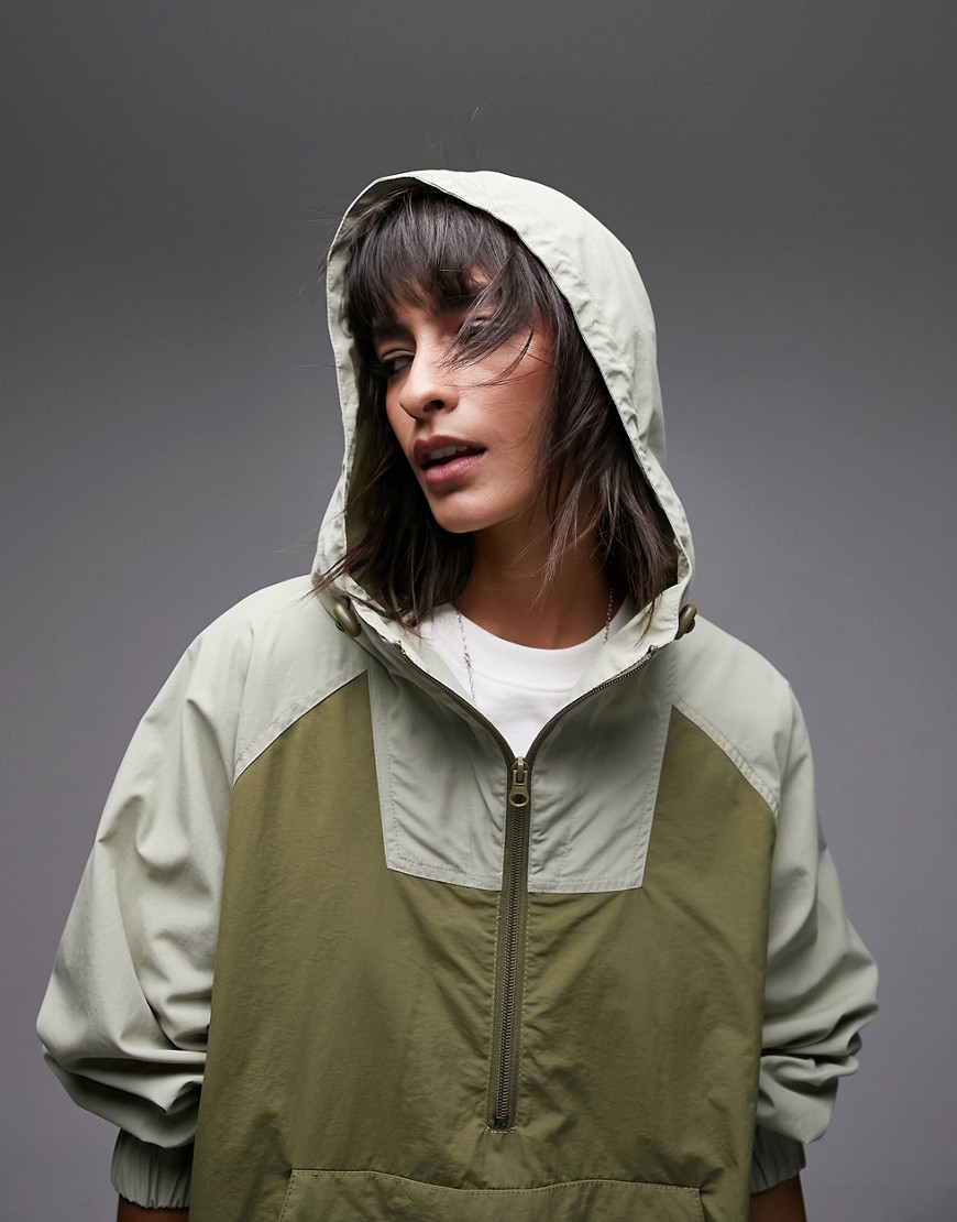Topshop patchwork pull over hooded rain jacket in khaki-Green