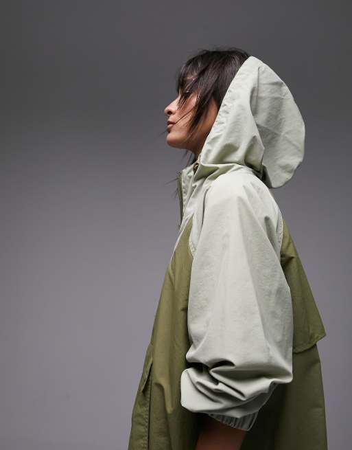 Topshop patchwork pull over hooded rain jacket in khaki