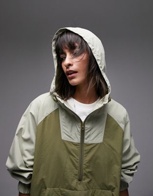 Topshop patchwork pull over hooded rain jacket in khaki