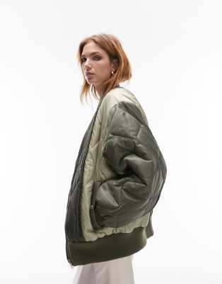 Shop Topshop Patchwork Quilted Bomber Jacket In Khaki-green