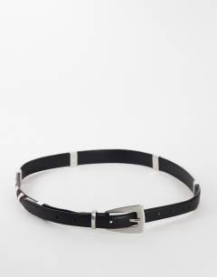 Model wearing Patchwork real leather belt in black and zebra print