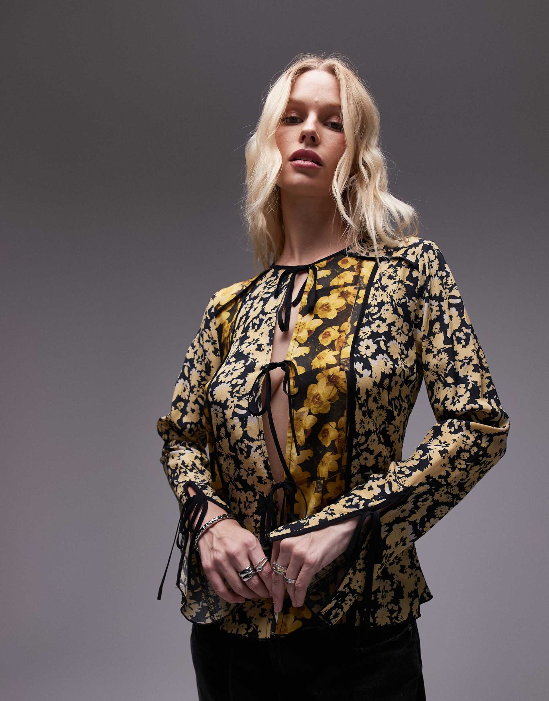 topshop patchwork scarf print tie front bed jacket in yellow floral print