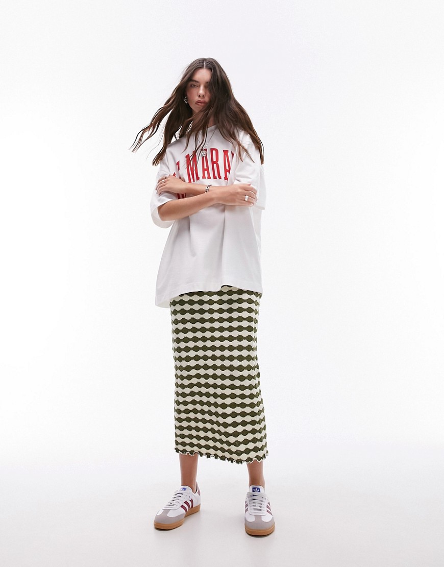 Topshop patterned stripe jersey column maxi skirt in olive-Green