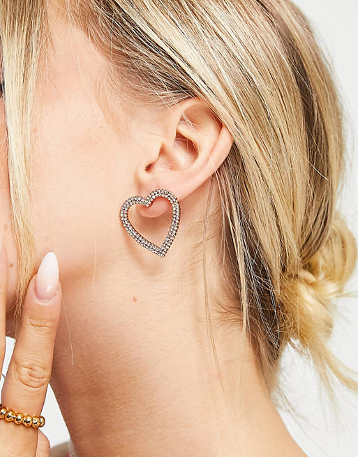 Topshop pave open heart earrings in silver