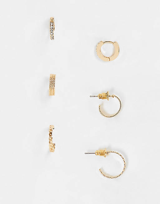 Topshop pave textured 3 x multipack hoop earrings in gold