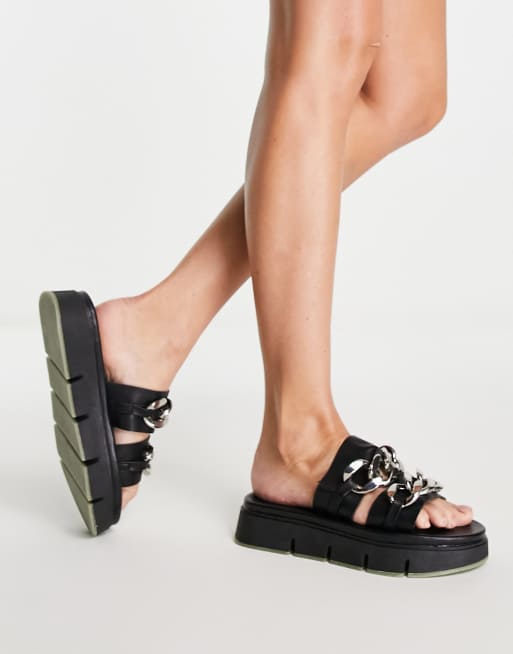 Topshop Peace chain mules in black