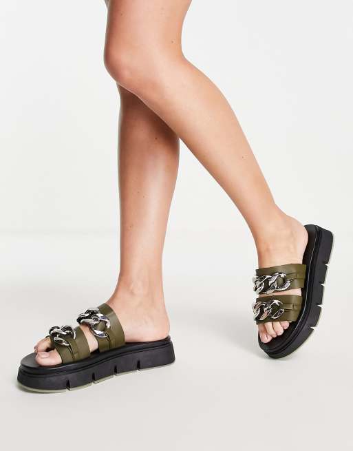 Topshop - Peace - Sandales chunky style mules à détails chaîne - Kaki, 4 de 4