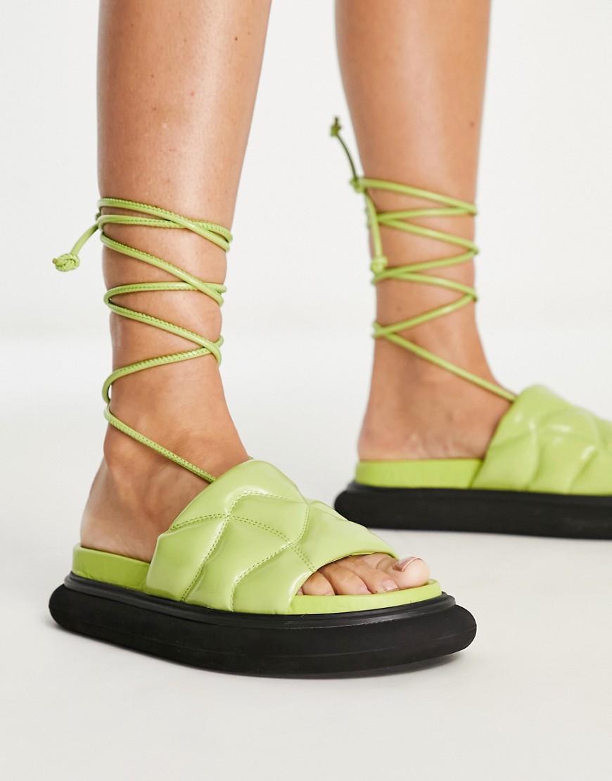 Topshop Peach Premium Leather Padded Flat Sandals With Ankle Tie In Lime-brown