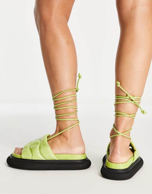 Topshop - Peach - Polstrede flade sandaler med bindebånd om benet i limegrønt premium-læder, 4 af 4