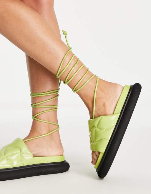 Topshop Peach premium leather padded flat sandals with ankle tie in lime