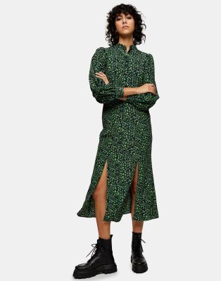 Topshop peacock print midi dress in green