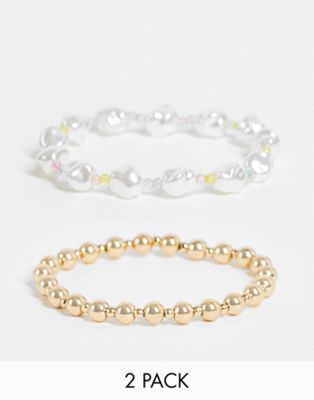 Topshop faux pearl and beaded 2 x multipack bracelets in white and gold
