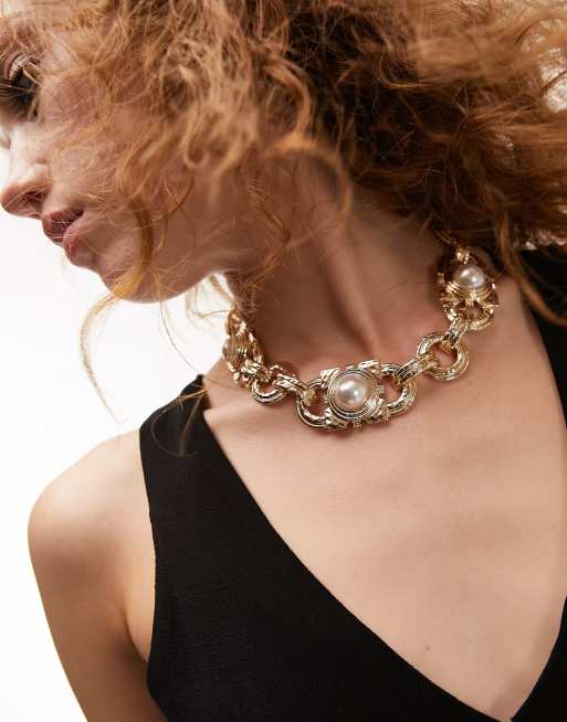 Topshop pearl chain collar in gold