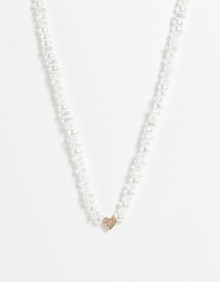 Topshop pearl chippping with pave heart pendant bracelet in white