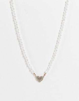 Topshop pearl crystal heart necklace in white