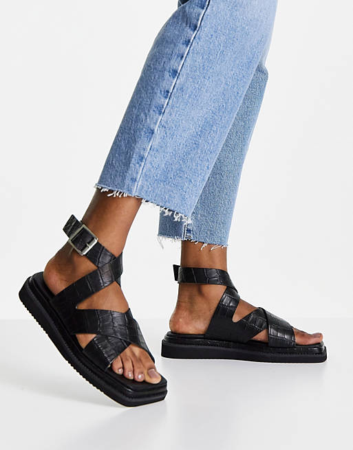 Topshop Pearl leather cross over ankle sandal in black