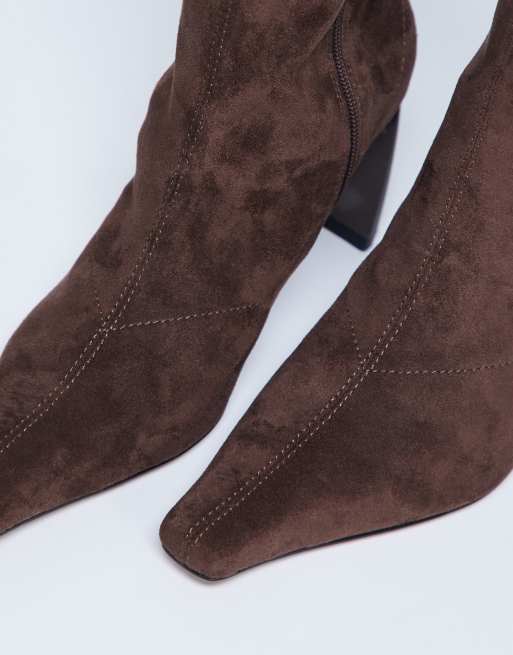Topshop Pearl point toe faux suede ankle boots in chocolate