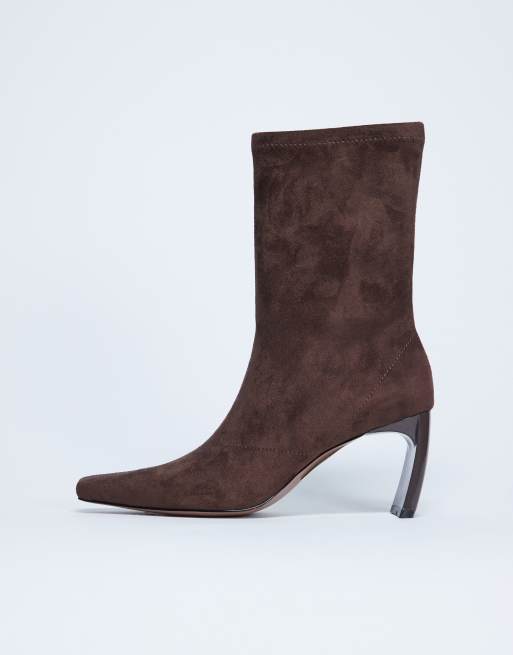 Topshop Pearl point toe faux suede ankle boots in chocolate