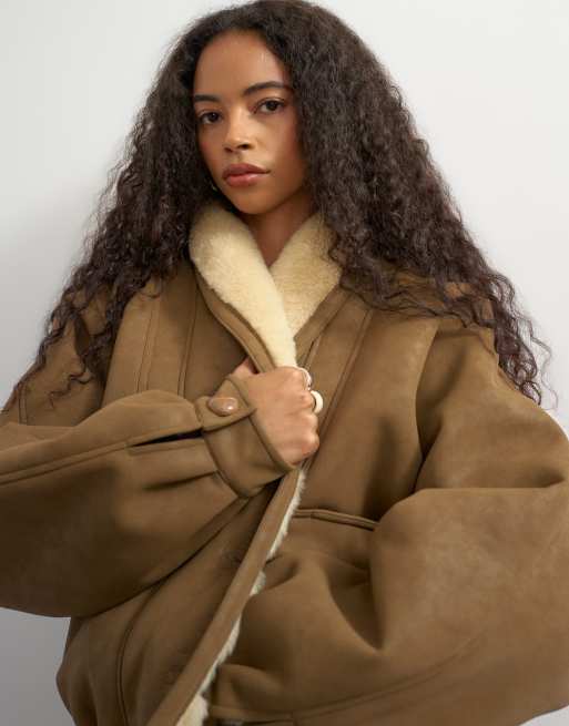 Topshop peau lainée doublée à col châle camel, 2 de 4