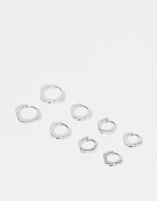 Topshop - Pedro - Confezione da 4 orecchini a cerchio esagonali argentati in acciaio inossidabile resistente all'acqua