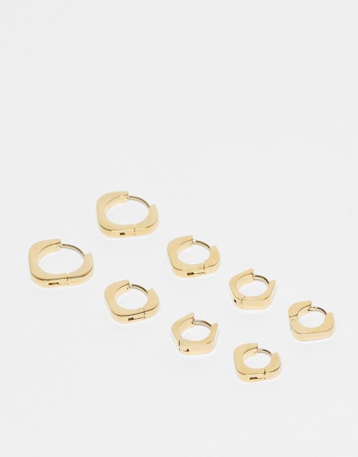 Topshop Pedro waterproof stainless steel pack of 4 hexagonal hoop earrings in gold tone