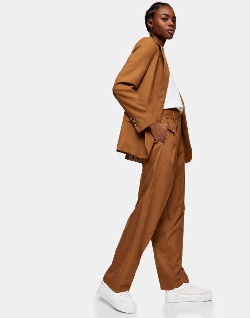 Topshop peg leg suit trousers in camel