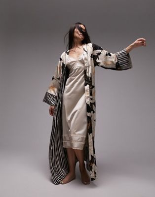 Topshop satin floral print reversible robe in black and cream  - ASOS Price Checker