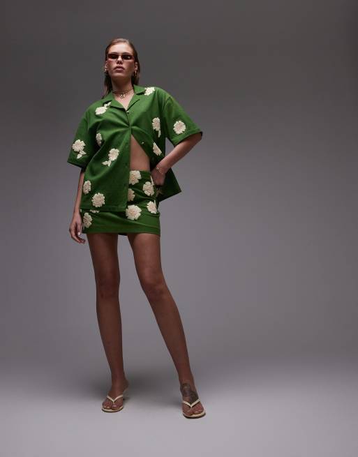 Topshop pelmet skirt in green with raffia flowers - part of a set