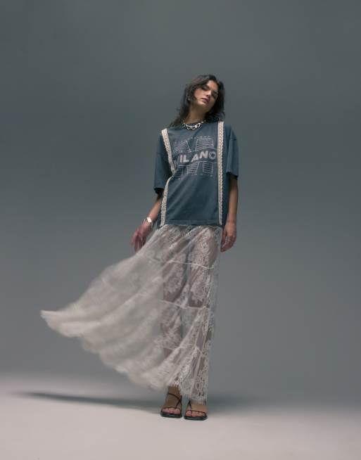 Topshop – pełna koronkowa spódnica maxi w kolorze kości słoniowej