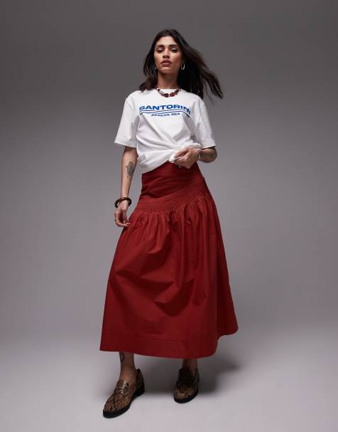 Topshop pintuck poplin full skirt in red