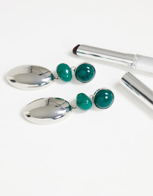 Topshop pendientes colgantes triples en verde y plateado, 4 de 4