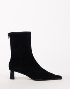Penny real suede block heel pointed ankle boot in black