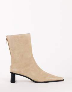 Penny real suede block heel pointed ankle boot in taupe