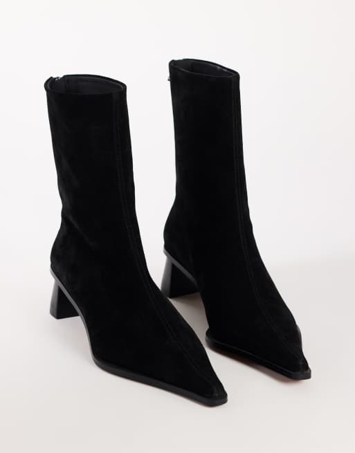 Topshop Penny real suede block heel pointed toe ankle boots in black, 2 of 4