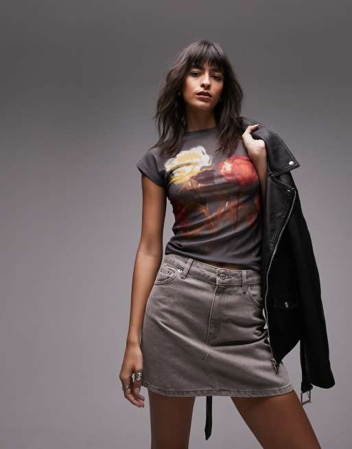 Topshop peony mesh cap sleeve tee in charcoal