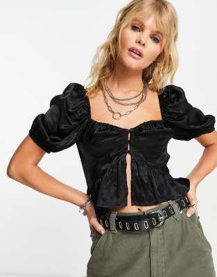Topshop peplum button tea top in black 